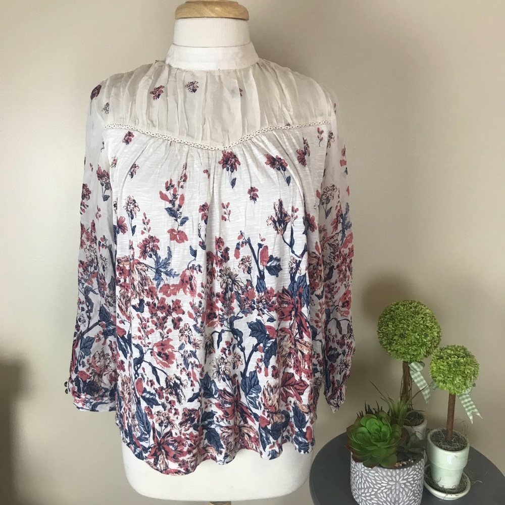 Lucky Brand Sheer Drape Floral Casual Blouse Top